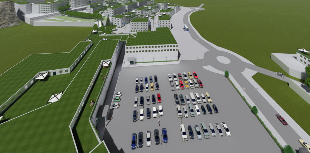 MER KONSENTRERT: Illustrasjonen viser fortetting av arealet opp mot Tromøyveien (lengst inne på bildet) og mer konsentrert parkering foran Rema 1000-bygningen, som får boliger tilrettelagt for eldre i etasjene over. Illustrasjon: Fra presentasjonen